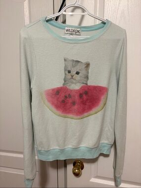 Wildfox Pastel Mint Pullover with Kitten & Watermelon Graphic